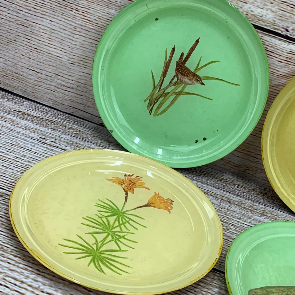 Juego de 5 platos decorativos de metal pintado vintage 1976 pájaro tigre vida silvestre Foto 2 de 4