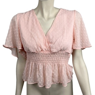 Womens Amisu Medium Pink Swiss Dot Blouse Surplice NWT