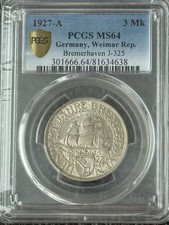 1927 A Weimar Bremerhafen 3 Mark PCGS MS64