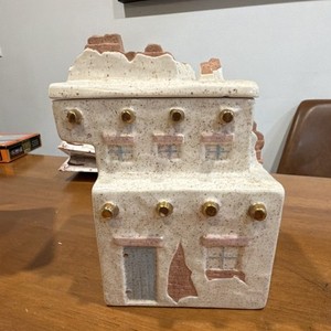 Ceramic Building Shaped Canister, Beige Pink, Lift-Off Lid, 8" Tall, With Lid