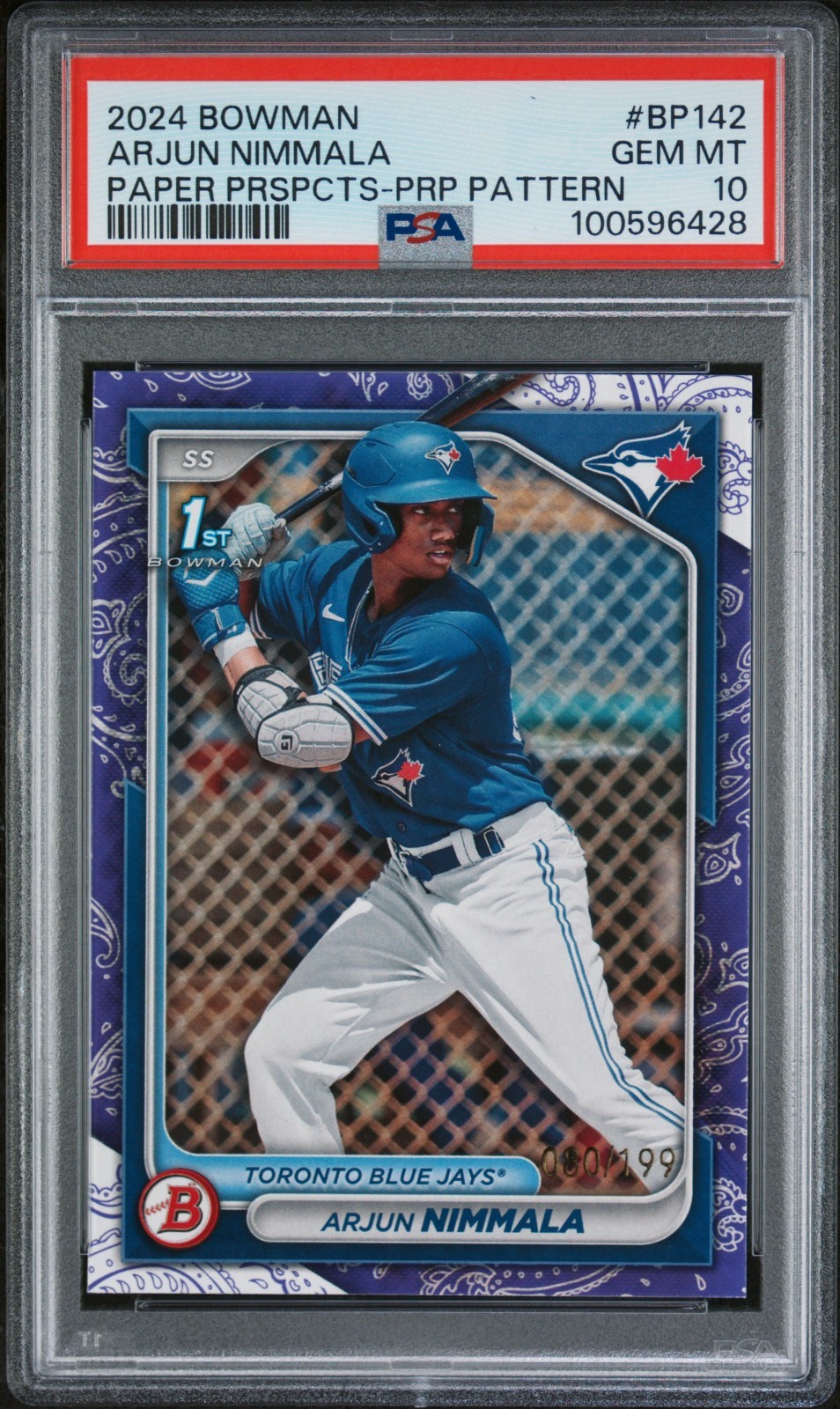 2024 Bowman - Prospects Arjun Nimmala #BP-142 Purple Pattern /199 (RC) PSA 10