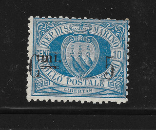 SAN MARINO 1892 Arms of San Marino 5c/10c Blue Surcharge Mint No Gum