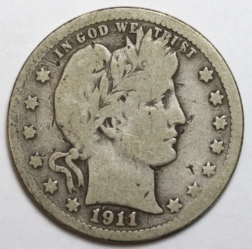 1911-S 25c Barber Silver Quarter - RAW - Better Date - Nice Coin