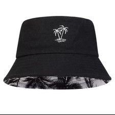 Reversible Bucket Hat Palm Tree Embroidered Unisex Beach Sun Fishing Cap Black