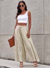 Wide Leg Palazzo Pants Women  s Small High Waist Boho Flowy Casual Comfort Beige