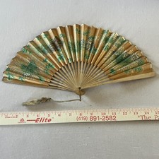 Vintage Wooden  Paper Hand Fan Fold Up 1920-1930s Japan Floral - Antique