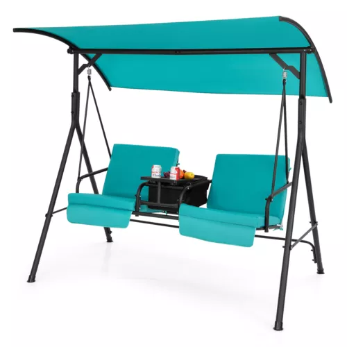 2-Person Porch Swing Chair with Adjustable Canopy & Removable Cushions Turquoise