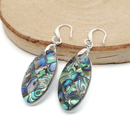 Paua Earrings Oval Rainbow Abalone Shell Dangle Drop Boho Sterling Silver Hooks - Picture 12 of 17