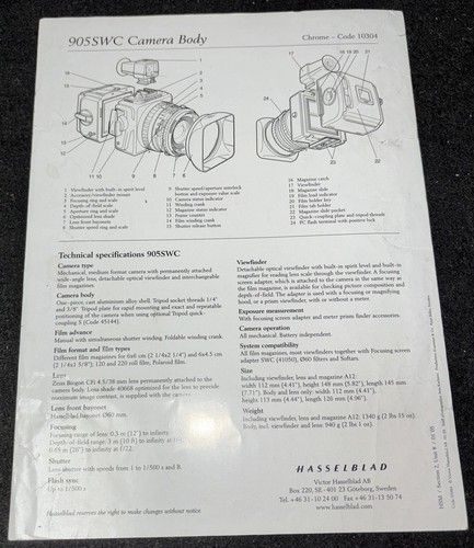 Hasselblad 905SWC Camera - 2005 A4 Information Sheet - Picture 2 of 2