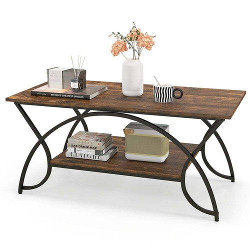 Coffee Table Industrial Rectangular Cocktail Table Storage Shelf Rustic Brown - Picture 2 of 12