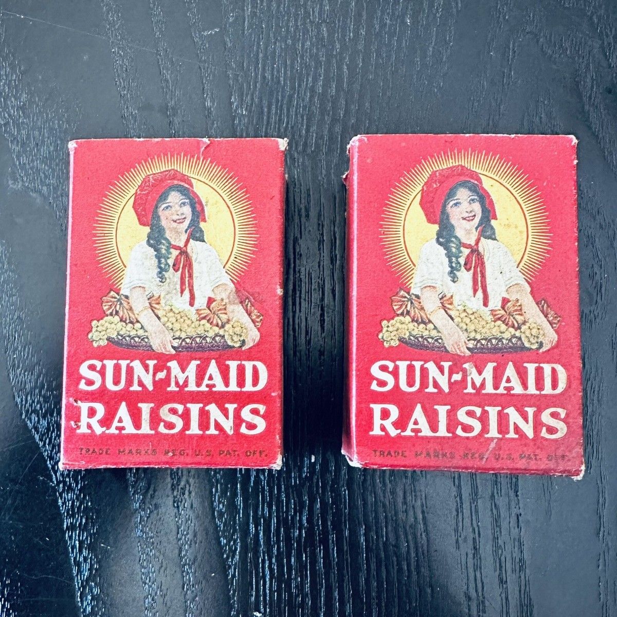 Pair Of Vintage Sun Maid Raisins Mini Boxes - 1.5oz. - 2 3/4” x 1