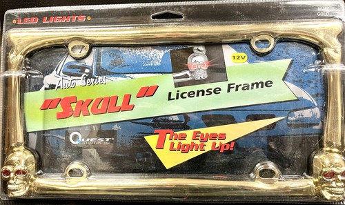 Vintage, Quest Industries LIGHT UP " SKULL " Metal License Plate Frame