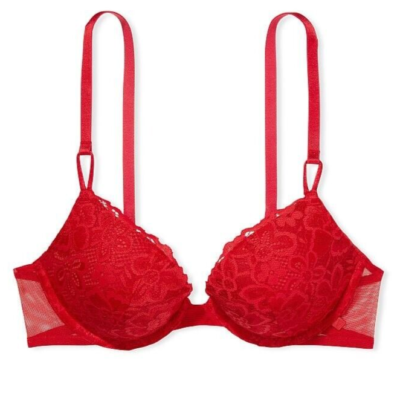 38C Red FLORAL LACE w Mesh Wings Extreme Lift Victorias Secret