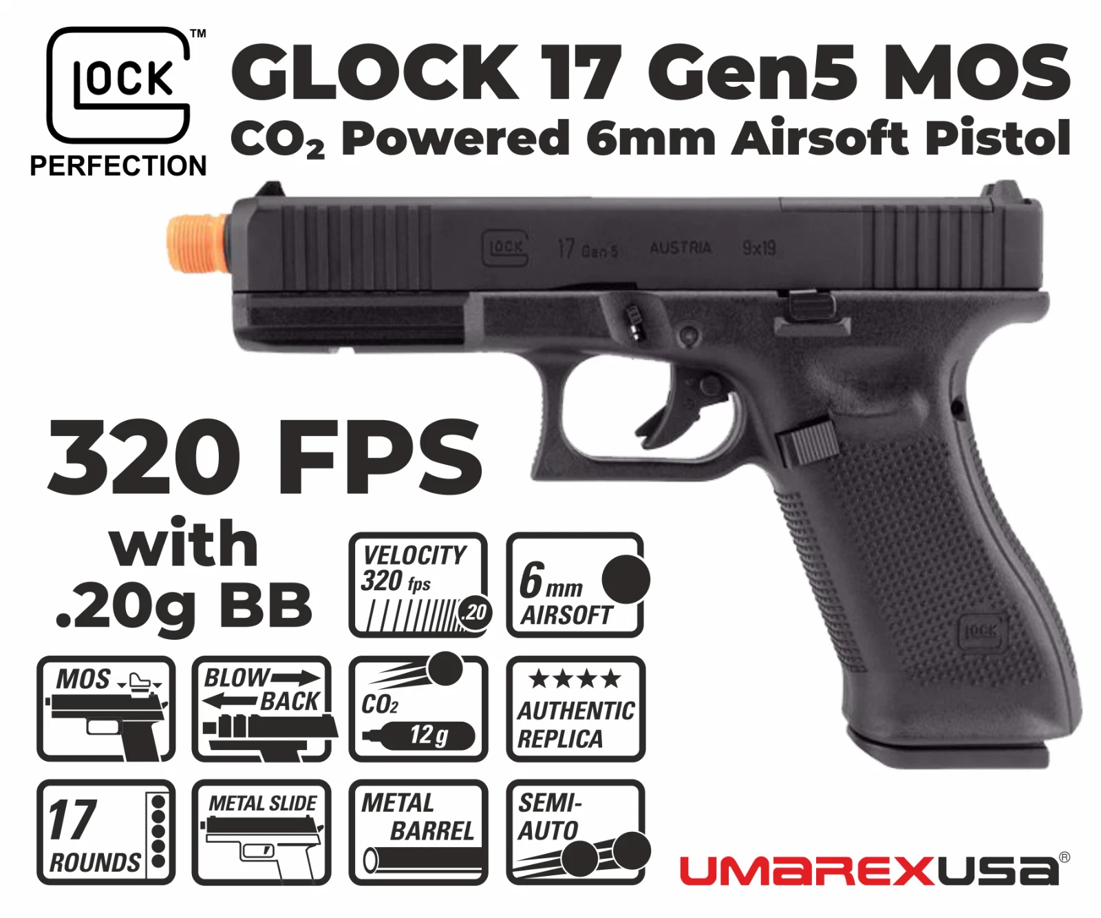 GLOCK17 Gen5 MOS co2➕absolutepro➕XH35 Umarex Glock 17 Gen 5 MOS CO2 Airsoft Pistol (CNC Steel