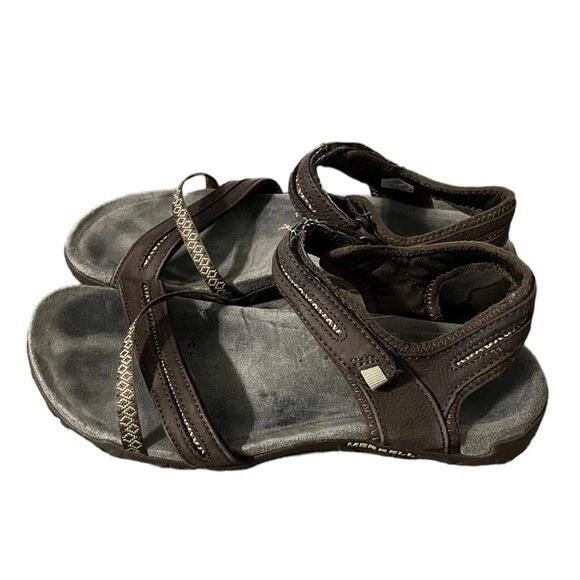 Merrell Women s Terran Cross II Dark Earth Leather Ankle Strap Sandals Size 9