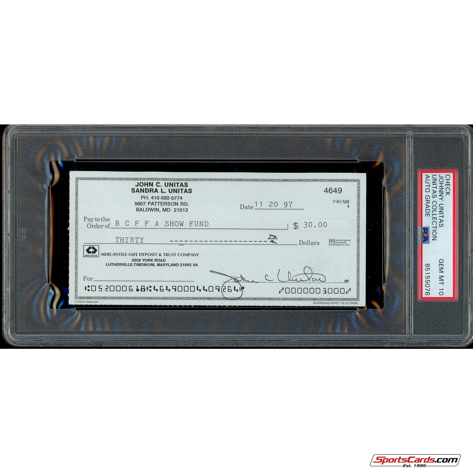 Johnny Unitas Signed Autographed Personal Check PSA DNA Gem Mint 10