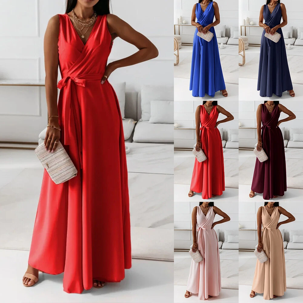 Womens V-Neck Sleeveless Maxi Dress Ladies Evening Party Holiday Dresses |  eBay