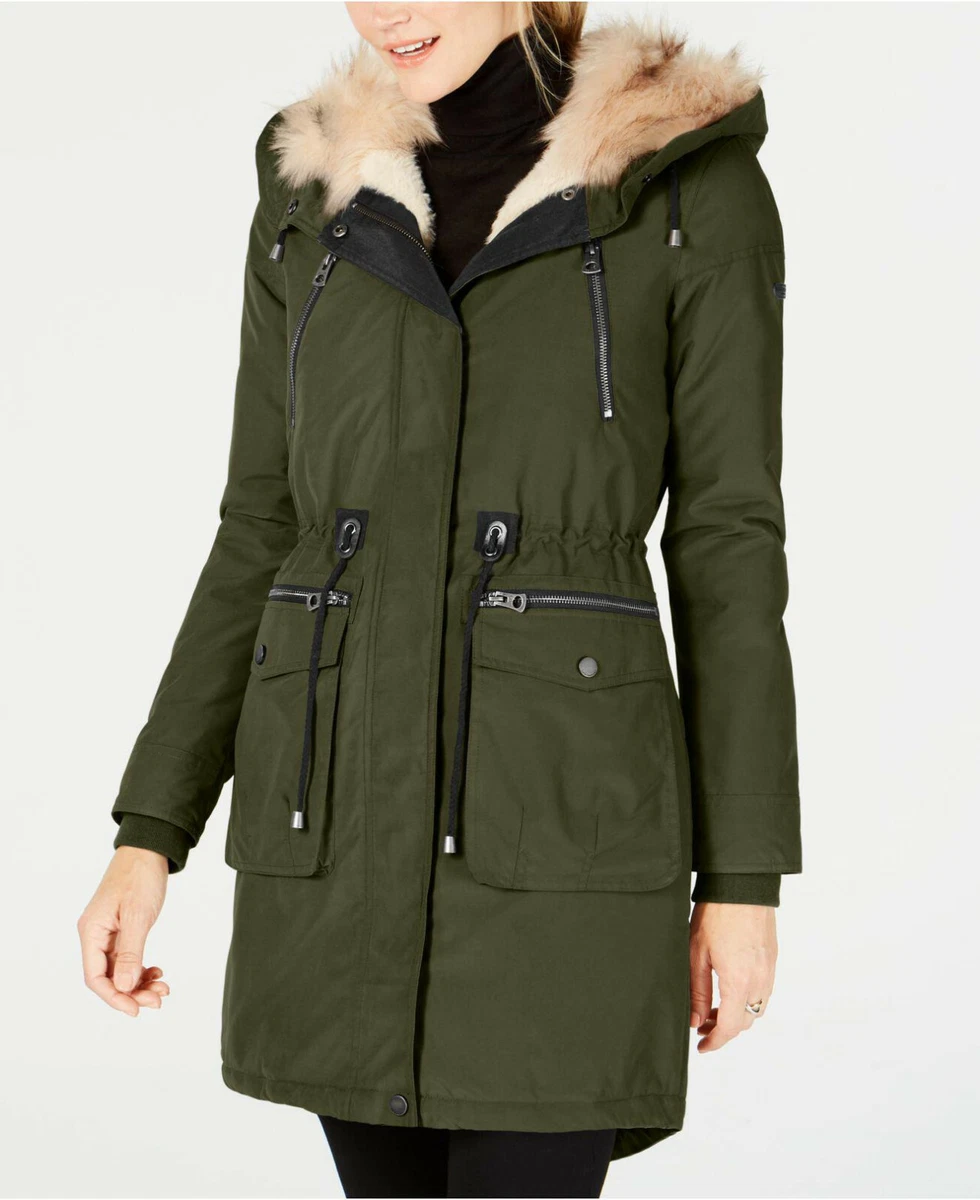 NWT LUCKY BRAND $250 ARMY GREEN FAUX FUR LINED HOOD ANORAK JACKET