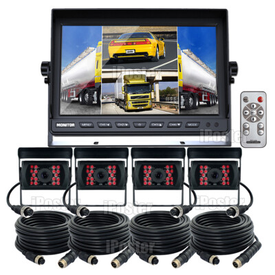 9'' Quad Monitor For Truck Tractor Reversing Security 4x CCD Rear View Camera Kit