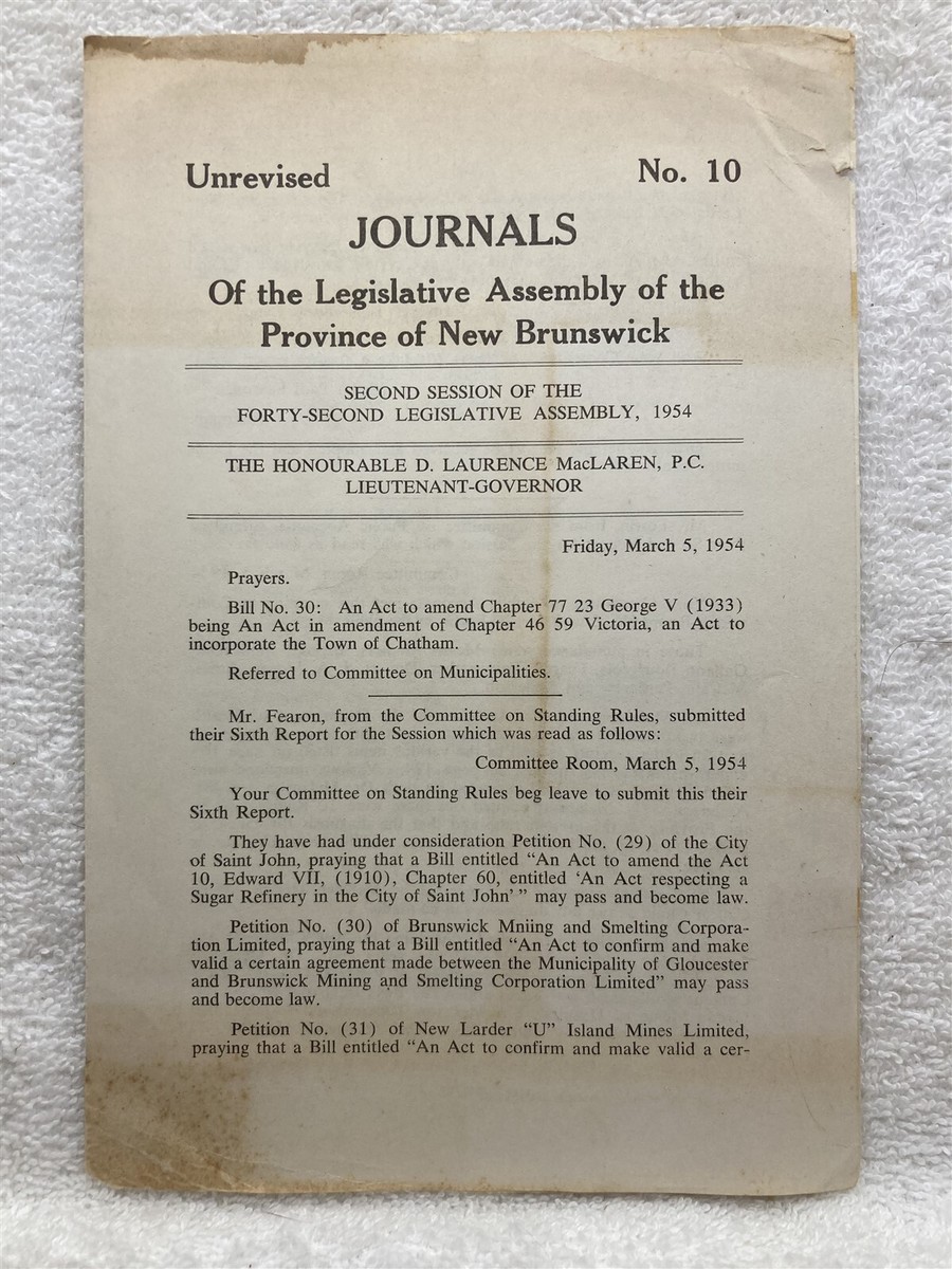 1954 Legislative Assembly New Brunswick Canada Journal Leaflet Vtg 