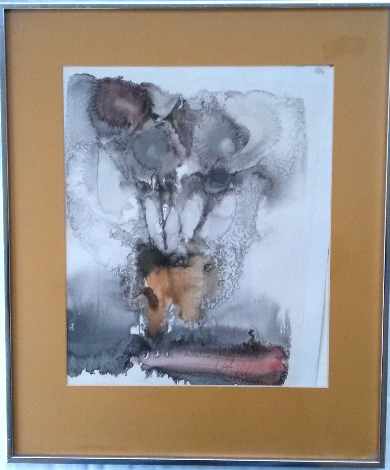 Jarrón original modernista de mediados de siglo abstracto pintura WC con flor, firmado Foto 2 de 4