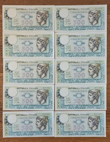 500 lire di carta Mercurio DPR 14/2/1974 E DM 2/4/1979 10 pezzi