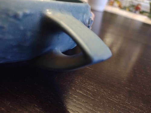 Vintage Roseville Kunstkeramik Doppelgriff blaue Magnolie Schüssel Schale Übertopf 447-6 - Bild 7 von 9