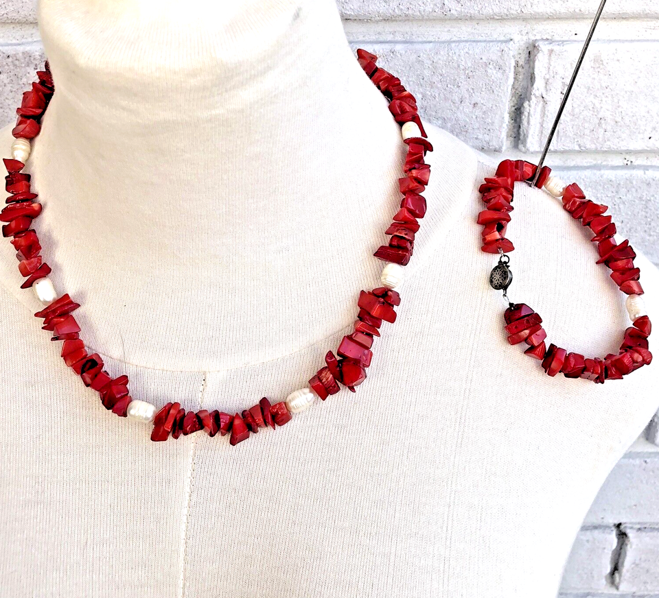 Red Coral Pearl Necklace Bracelet SET Hand Strung Vintage clasp eBay