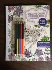 Creative Charm Coloring Book For Adults 100 Designs - NEW - 5 Colored Pencils