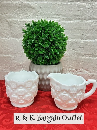 Vintage Westmoreland Diamond Quilt Pattern sawtooth Milk Glass Cream & Sugar Set