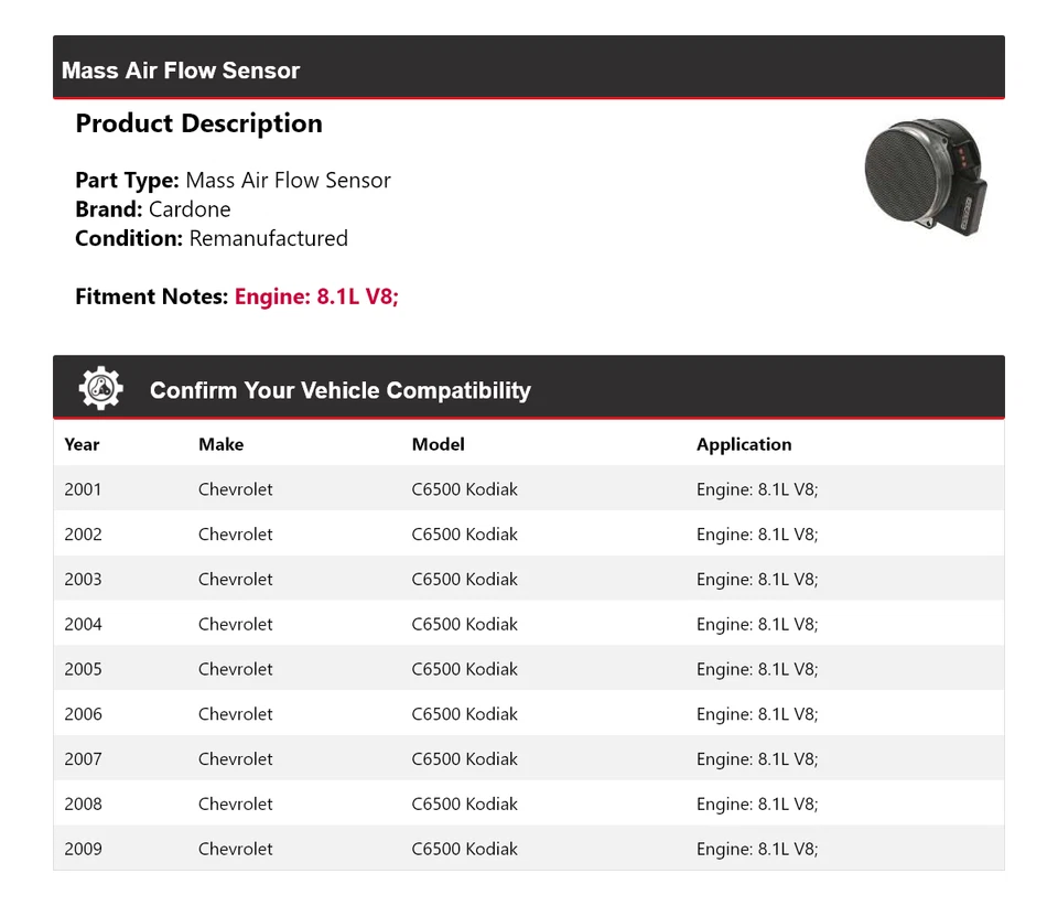 Sensor de flujo de aire masivo Cardone 2002 para Chevrolet C6500 Kodiak 2001-2009 8,1 L V8 Foto 2 de 4