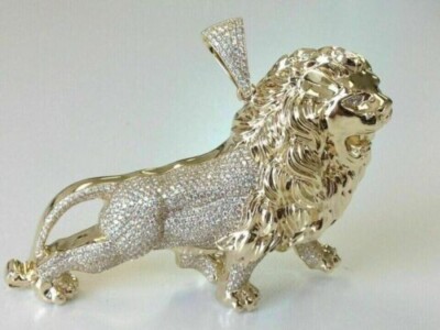 3Ct Round Cut Simulated diamond Men's King Lion Pendant 14K Yellow Gold Finish