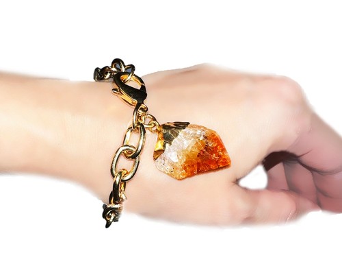 Privileged Yellow Ombre Citrine Quartz Stone Charm Pendant Gold Chain Bracelet - Picture 2 of 4