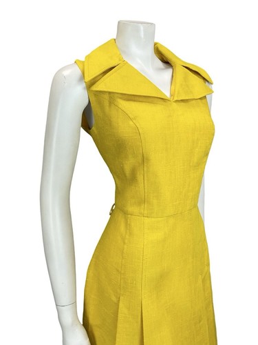 VTG 60S 70S MOD BRIGHT YELLOW WING NOTCH LAPEL PLEATED SHIRT MINI DRESS 12 - Picture 7 of 10