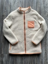 Cat Jack Girls Ivory Sherpa Fleece Full Zip Jacket w/ Pockets Peach Trim XL