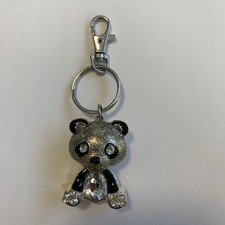 Panda Bear Key Chain 2 Tall Crystals Silver Tone Metal