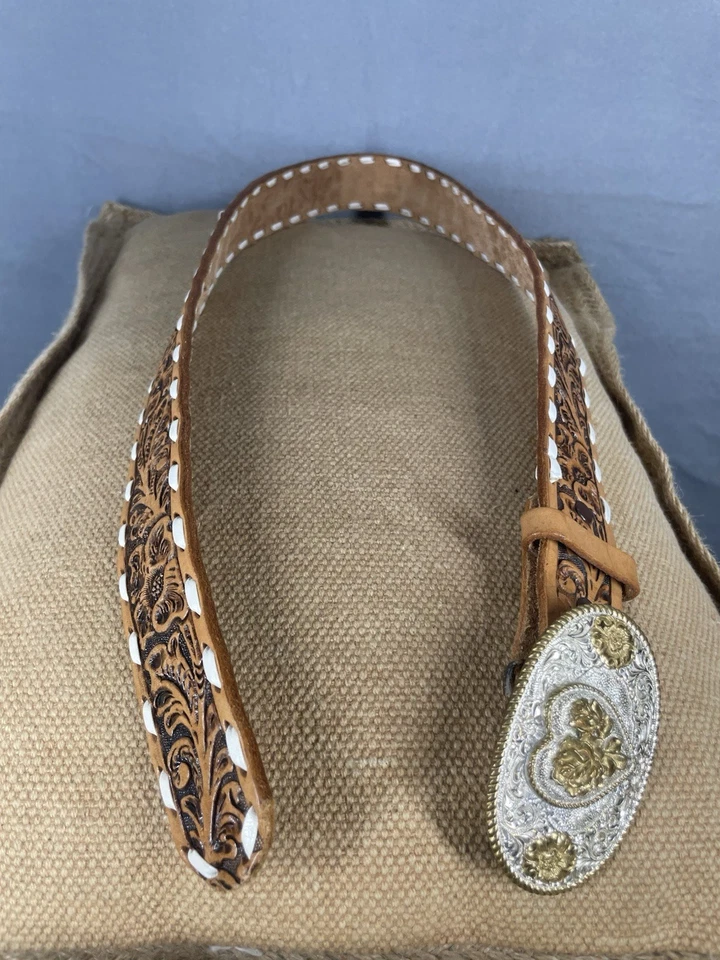 Crumrine El Arturo Gold and Silver Floral Belt And Buckle Engraved PHYLLIS sz 32 - Image 4 of 4