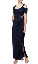 Alex Evenings Dress Navy Blue 8 Long Gown Ruffle Wedding Cruise Formal NEW