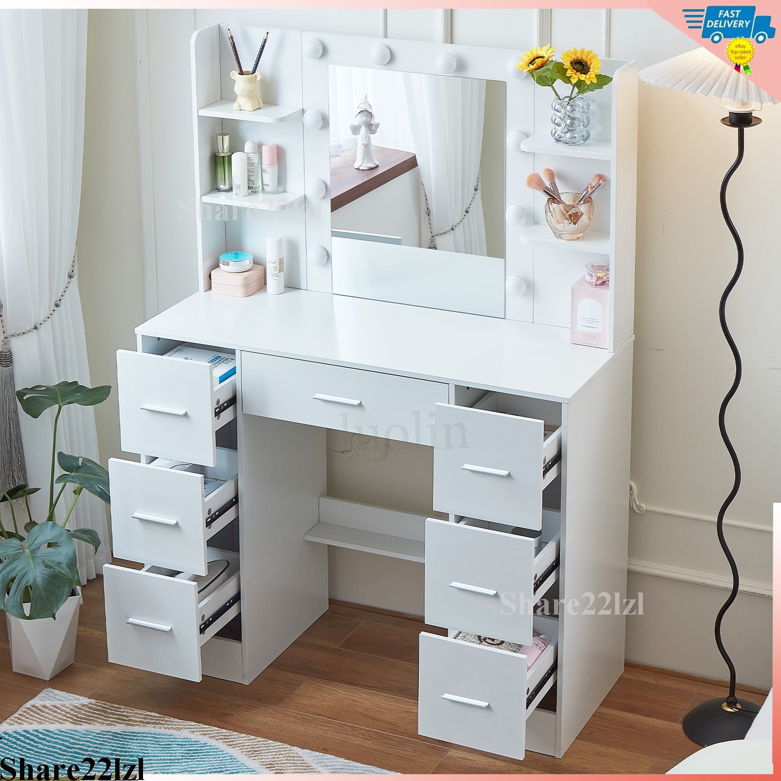 Vanity Set Makeup Desk Dressing Dresser Desk Table with 7 Drawer with Led Lights