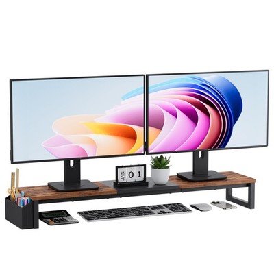 Dual Monitor Stand Riser 41.5 Inch Extra Long Wood Desktop Organizer
