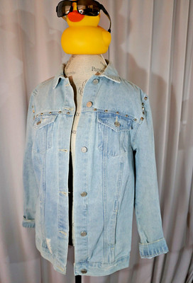 Boom Boom Denim Jacket Womens Medium Unique Distressing Studded Light Blue
