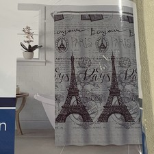 Paris Eiffel Tower Shower Curtain Bonjour 12 Metal Hooks Grommets 70.8" x 70.8