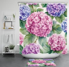 Rustic Green Leaves Pink Hydrangea Floral Shower Curtain Set for Bathroom Decor