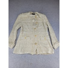 St John Womens Size 12 Knit Tweed Jacket Cream Gold Fringe Pearl Button Blazer