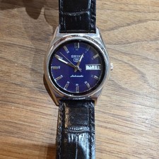 Vintage SEIKO 5 Automatic Watch Navy Dial Stainless Steel Leather Strap Men's