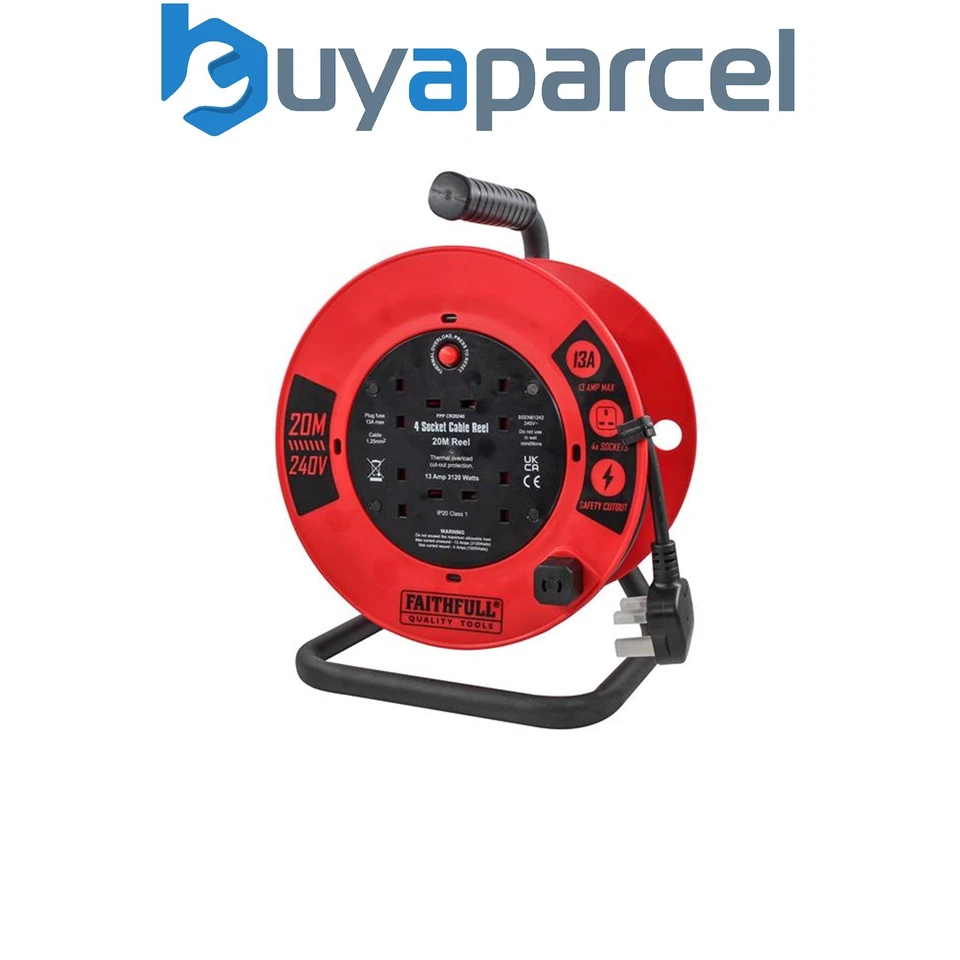 Faithfull XP03-E1 Open Cable Reel 240V 20m 13A 4 Socket 1.25mm Cable FPPCR20240