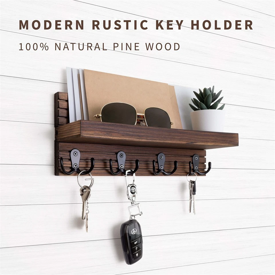Wooden Wall Key Holder with Mail Organizer Rustic Entryway Rack 4 Hooks Decor - Image 3 of 4