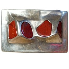 Hand Constructed Modernist Taxco Mexico Sterling Silver Red Jasper Buckle