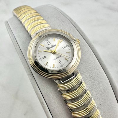 Unitex Women s Two Tone Watch Silver Gold Band Round Face Minimal - New Battery