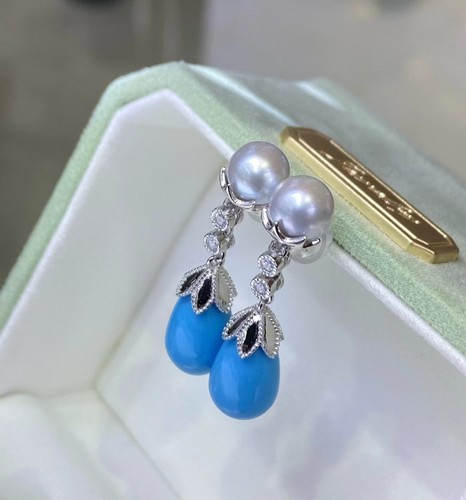 turquoise 6.5-7 mm natural gray south sea pearl earrings 925 sterling silver - Picture 2 of 6
